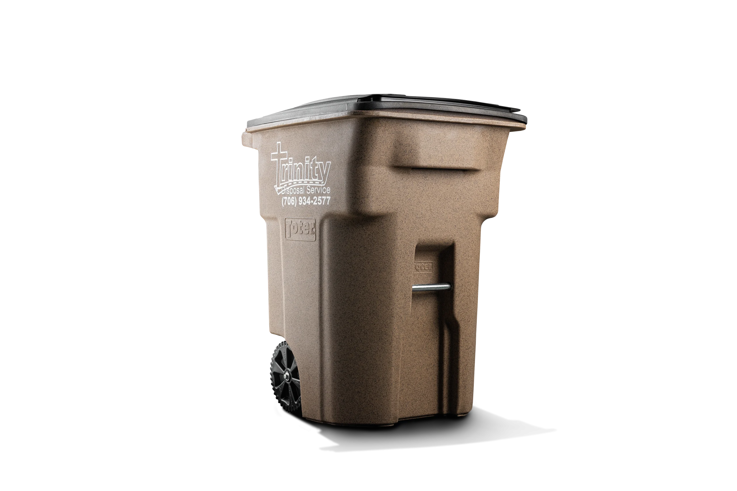 Trinity Disposal Service's 96 gallon trash can used for residential curbside pickup of trash and waste